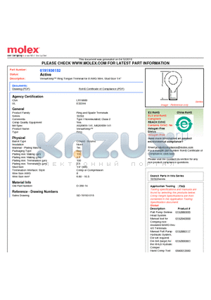 0191930152 datasheet - VersaKrimp Ring Tongue Terminal for 8 AWG Wire, Stud Size 1/4