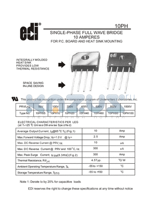 10PH datasheet - SINGLE-PHASE FULL WAVE BRIDGE 10 AMPERES FOR P.C. BOARD AND HEAT SINK MOUNTING