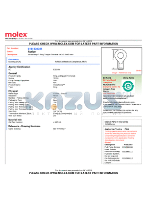 0191930351 datasheet - VersaKrimp Ring Tongue Terminal for 2/0 AWG Wire