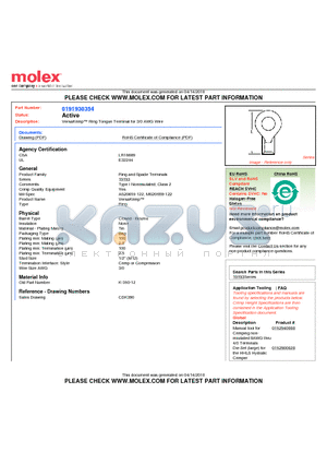 0191930354 datasheet - VersaKrimp Ring Tongue Terminal for 3/0 AWG Wire