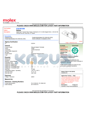 0191951006 datasheet - MagKrimp Square Ring Tongue Terminal for 10-14 AWG Magnet Wire, 4,100-20,760Circular Mil Area, Stud Size 10, Plated