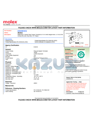 0191951012 datasheet - MagKrimp Square Ring Tongue Terminal for 10-14 AWG Magnet Wire, 4,110-20,760Circular Mil Area, Stud Size 1/4