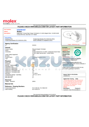 0191951037 datasheet - MagKrimp Round Ring Tongue Terminal for 12 AWG Magnet Wire, 10,380-52,480Circular Mil Area, Stud Size 1/2