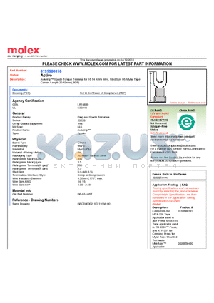 0191980018 datasheet - Avikrimp Spade Tongue Terminal for 16-14 AWG Wire, Stud Size 06, Mylar TapeCarrier, Length 20.42mm (.804