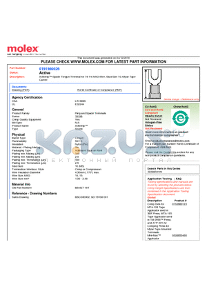 0191980026 datasheet - Avikrimp Spade Tongue Terminal for 16-14 AWG Wire, Stud Size 10, Mylar TapeCarrier