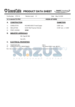 C7611A datasheet - 1C 12 65/30 TC PVC HOOK-UP WIRE