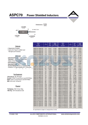 ASPC70-391K-RC datasheet - Power Shielded Inductors