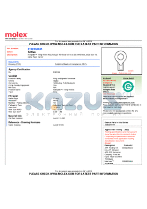 0192030035 datasheet - Krimptite Temp-Term Ring Tongue Terminal for 18 to 22 AWG Wire, Stud Size 10Mylar Tape Carrier