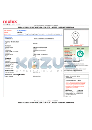 0192030063 datasheet - VersaKrimp Temp-Term Ring Tongue Terminal for 14 to 16 AWG Wire, Stud Size 10