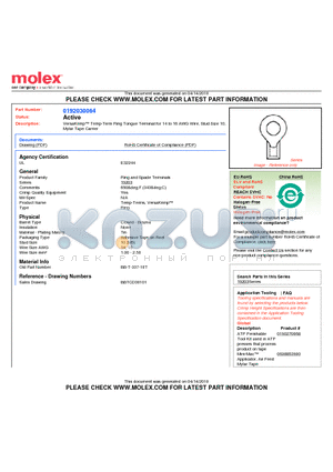 0192030064 datasheet - VersaKrimp Temp-Term Ring Tongue Terminal for 14 to 16 AWG Wire, Stud Size 10,