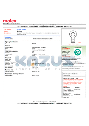 0192030086 datasheet - Krimptite Temp-Term Ring Tongue Terminal for 14 to 16 AWG Wire, Stud Size 10,Mylar Tape Carrier