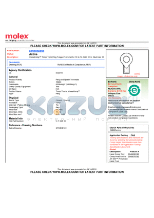 0192030099 datasheet - VersaKrimp Temp-Term Ring Tongue Terminal for 10 to 12 AWG Wire, Stud Size 10