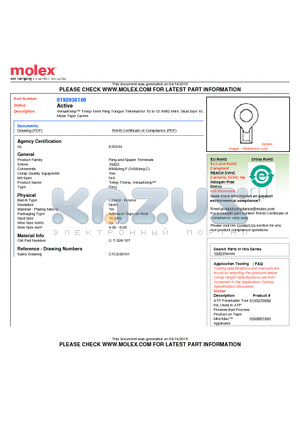 0192030100 datasheet - VersaKrimp Temp-Term Ring Tongue Terminal for 10 to 12 AWG Wire, Stud Size 10Mylar Tape Carrier