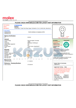 0192030156 datasheet - VersaKrimp Temp-Term Ring Tongue Terminal for 10 to 12 AWG Wire, Stud Size 8