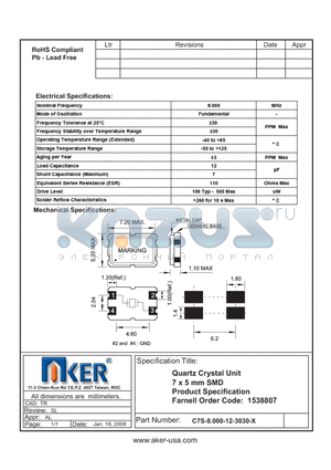 C7S-8.000-12-3030-X datasheet - Quartz Crystal Unit 7 x 5 mm SMD Product Specifi cation