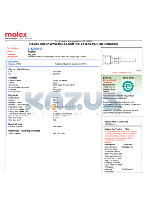 0192130012 datasheet - Avikrimp Wire Pin Terminal for 16-14 AWG Wire, Mylar Tape Carrier