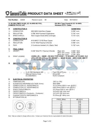 C8028 datasheet - RG 59/U Type Coaxial & 2/C 18 AWG Siamese CCTV - Cable