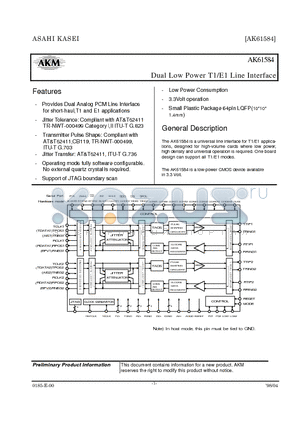 AK61584 datasheet - Dual Low Power T1/E1 Line Interface