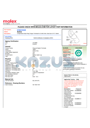 0192210225 datasheet - Compression Style Ring Tongue Terminal for 8 AWG Wire