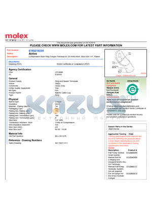 0192210234 datasheet - Compression Style Ring Tongue Terminal for 2/0 AWG Wire, Stud Size 1/4