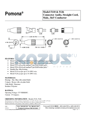 5126 datasheet - Connector Audio, Straight Cord, Male, 3&5 Conductor