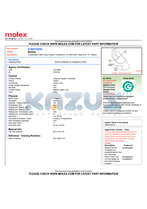 0192210242 datasheet - Compression Style Ring Tongue Terminal for 1/0 AWG Wire, Stud Size 1/2