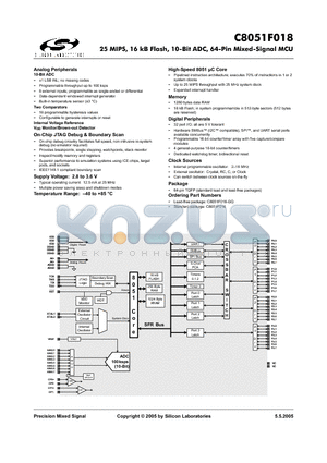 C8051F018-GQ datasheet - 25 MIPS, 16 kB Flash, 10-Bit ADC, 64-Pin Mixed-Signal MCU