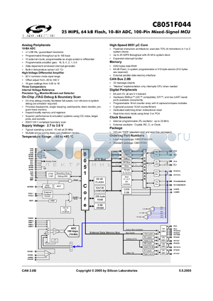 C8051F044-GQ datasheet - 25 MIPS, 64 kB Flash, 10-Bit ADC, 100-Pin Mixed-Signal MCU
