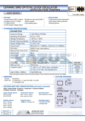 ASPE datasheet - CERAMIC SMD CRYSTAL CLOCK OSCILLATOR WITH VOLTAGE CONTROL