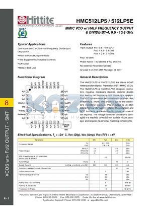 512LP5E datasheet - MMIC VCO w/ HALF FREQUENCY OUTPUT & DIVIDE-BY-4, 9.6 - 10.8 GHz
