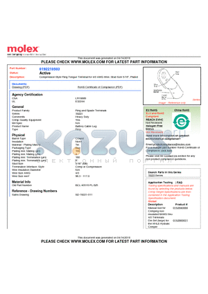 0192210503 datasheet - Compression Style Ring Tongue Terminal for 4/0 AWG Wire, Stud Size 5/16