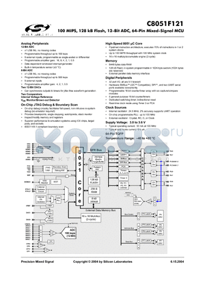 C8051F121 datasheet - 100 MIPS, 128 kB Flash, 12-Bit ADC, 64-Pin Mixed-Signal MCU