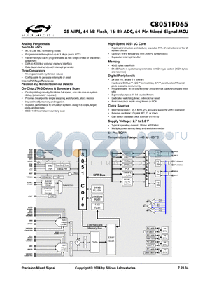 C8051F065 datasheet - 25 MIPS, 64 kB Flash, 16-Bit ADC, 64-Pin Mixed-Signal MCU