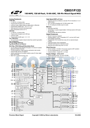 C8051F122 datasheet - 100 MIPS, 128 kB Flash, 10-Bit ADC, 100-Pin Mixed-Signal MCU