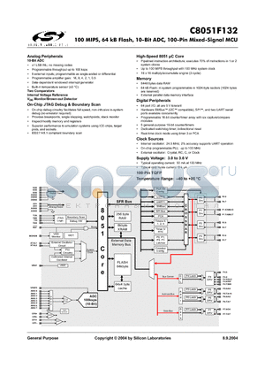 C8051F132 datasheet - 100 MIPS, 64 kB Flash, 10-Bit ADC, 100-Pin Mixed-Signal MCU