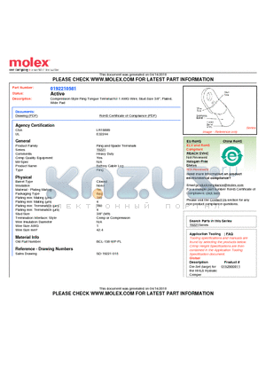 0192210581 datasheet - Compression Style Ring Tongue Terminal for 1 AWG Wire, Stud Size 3/8