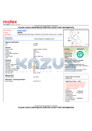 0192210597 datasheet - Compression Style Ring Tongue Terminal for 2/0 AWG Wire, Stud Size 5/8