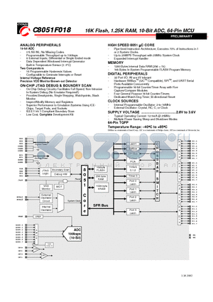 C8051F015DK datasheet - C8051F018 16K Flash, 1.25K RAM, 10-Bit ADC, 64-Pin MCU