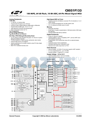 C8051F133 datasheet - 100 MIPS, 64 kB Flash, 10-Bit ADC, 64-Pin Mixed-Signal MCU