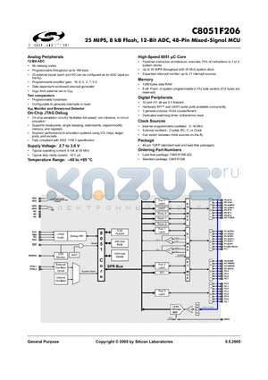 C8051F206-GQ datasheet - 25 MIPS, 8 kB Flash, 12-Bit ADC, 48-Pin Mixed-Signal MCU