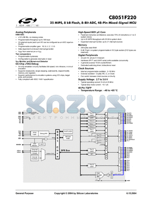 C8051F220 datasheet - 25 MIPS, 8 kB Flash, 8-Bit ADC, 48-Pin Mixed-Signal MCU
