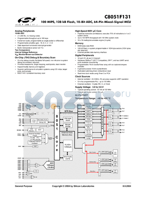 C8051F131 datasheet - 100 MIPS, 128 kB Flash, 10-Bit ADC, 64-Pin Mixed-Signal MCU