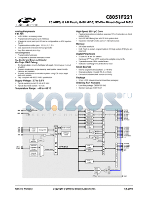 C8051F221 datasheet - 25 MIPS, 8 kB Flash, 8-Bit ADC, 32-Pin Mixed-Signal MCU