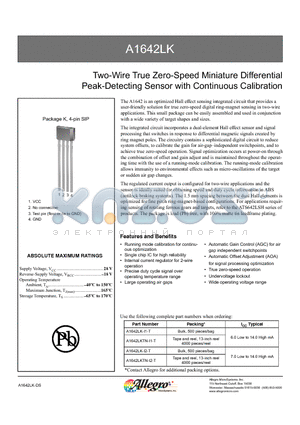 A1642LK datasheet - Two-Wire True Zero-Speed Miniature Differential Peak-Detecting Sensor with Continuous Calibration