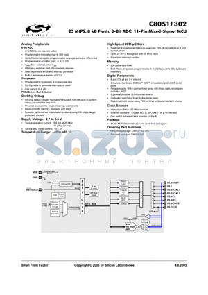 C8051F302 datasheet - 25 MIPS, 8 kB Flash, 8-Bit ADC, 11-Pin Mixed-Signal MCU