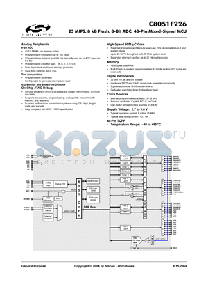 C8051F226 datasheet - 25 MIPS, 8 kB Flash, 8-Bit ADC, 48-Pin Mixed-Signal MCU