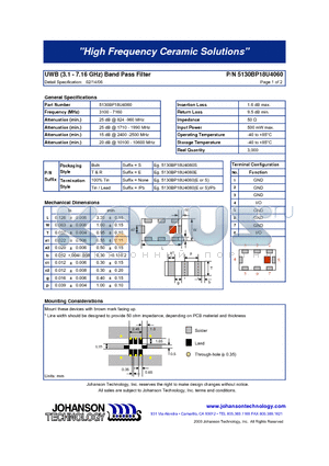 5130BP18U4060 datasheet - UWB (3.1 - 7.16 GHz) Band Pass Filter