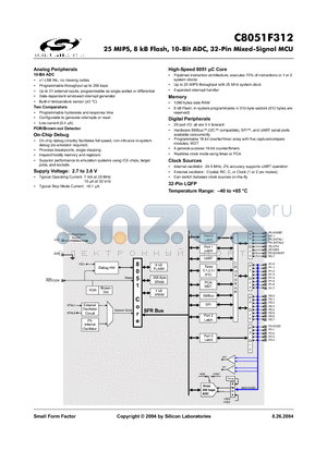 C8051F312 datasheet - 25 MIPS, 8 kB Flash, 10-Bit ADC, 32-Pin Mixed-Signal MCU