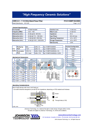 5130BP18U4060E datasheet - UWB (3.1 - 7.16 GHz) Band Pass Filter