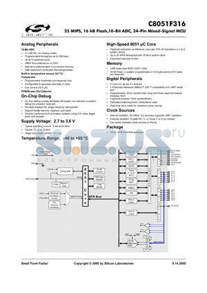 C8051F316 datasheet - 25 MIPS, 16 kB Flash,10-Bit ADC, 24-Pin Mixed-Signal MCU